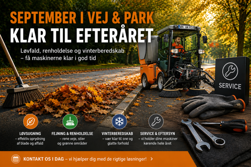Efteråret nærmer sig – er I klar til de næste opgaver? September markerer skiftet fra sommer til efterår. Græsset vokser stadig, men løvfald, renholdelse, beskæring og klargøring til vinteren begynder hurtigt at fylde mere i hverdagen. Det er derfor et godt tidspunkt at se på maskinparken og sikre, at både maskiner, redskaber og service er klar til de kommende måneder. Hos Vemas hjælper vi kommuner, Vej & Park-afdelinger, anlægsgartnere, kirkegårde og boligselskaber med maskiner og løsninger til hele året.